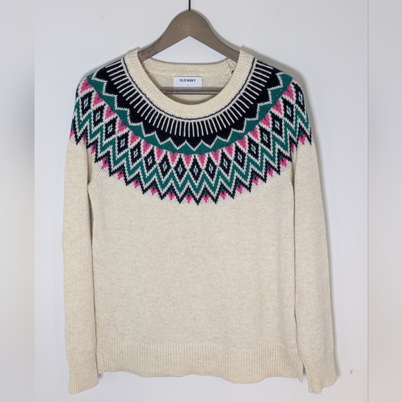 Old Navy NEW Women eggshell-white black pink green Cotton Peacock Sweater Size S - Picture 1 of 9